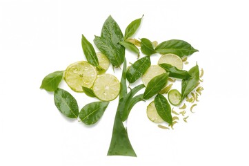 Wall Mural - Isolated wet foliage with a white backdrop, viewed from above