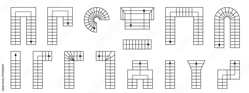 Set of stairs icons with direction arrows for floor plan. Staircase ...