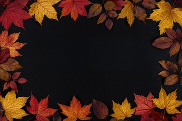 Wall Mural - Colorful synthetic autumn leaves arranged in a frame against a dark backdrop, with space for text, flat lay design for seasonal invitations