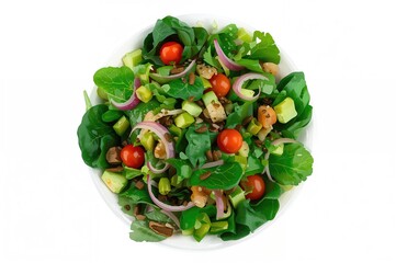 Wall Mural - Nutritious meal concept featuring a vibrant vegan salad with assorted vegetables and leafy greens from an eye-catching angle