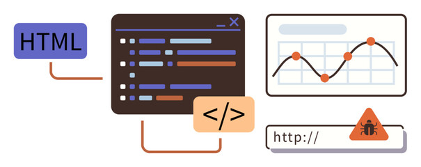 HTML coding screen, debugging alert, line chart tracking metrics in a browser. Ideal for development, programming, error analysis, technology, analytics, user experience simple flat metaphor