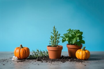 Wall Mural - Potted vegetable seedlings displayed against a blue backdrop. Pumpkin and rosemary shoots growing on a concrete surface. Theme of gardening and spring season.