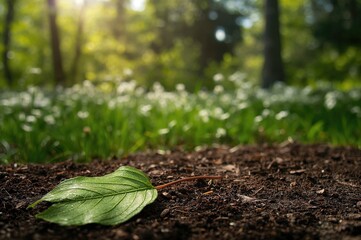 Wall Mural - Amidst lush greenery and tall trees, a fresh spring leaf gently lands on the woodland ground, standing out against white wildflowers during a lively summer season