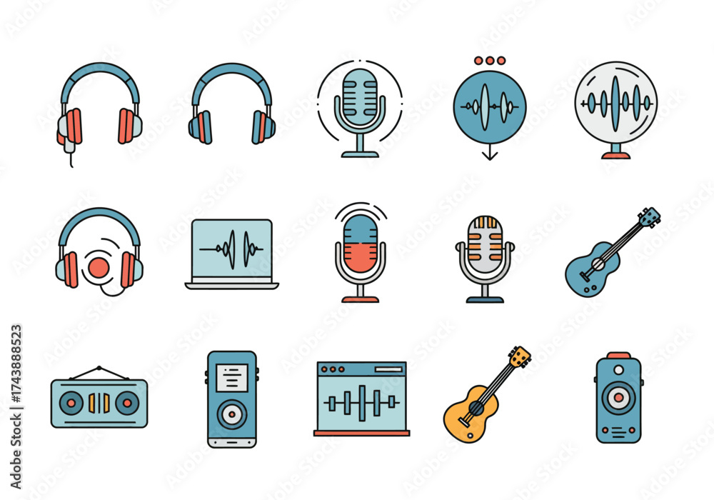 Object Base Audio Icon Icons of musicrelated objects headphones microphones guitars laptop ...