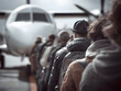 © sornram - Passengers waiting in line to board an airplane at the airport terminal.