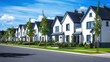 © Mufarokah - Suburban street, new homes, sunny day, green lawns, residential development