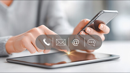 Person using smartphone and tablet with contact communication icons.