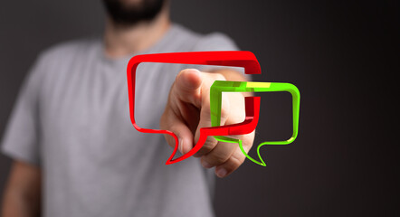 A person interacts with red and green digital message bubbles, conveying connection and digital conversation. Represents communication technolog