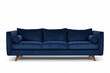 © VirtualVista - A navy blue sofa with cushions stands on wooden legs against a white background.