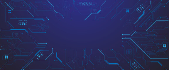 Wall Mural - Vector circuit board frame with an empty place in the canter on a technology blue background. Technology lines circuit and dots on blue background, circuit board network connection.