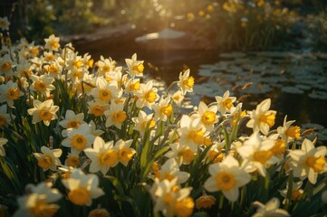 Wall Mural - backlit spring blossoms of daffodils glowing in sunlight