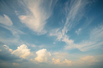 Wall Mural - Gentle fluffy clouds against a calm azure sky, perfect for creative backgrounds