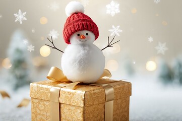 Wall Mural - Snowman wearing a red hat atop a shiny gold present, with a softly blurred backdrop of stars and snowflakes