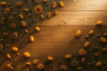 Wall Mural - Gentle lighting casting over a wooden surface adorned with yellow chrysanthemums