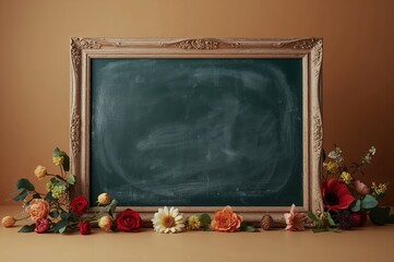 Wall Mural - Holiday concept for Teacher's Day with an empty blackboard frame and space for text