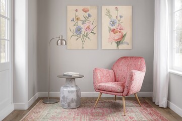 Wall Mural - Room featuring a pink velvet armchair and lamp, floral posters displayed on a gray backdrop