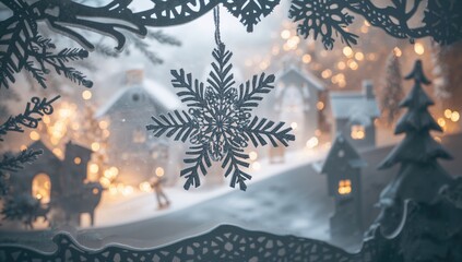Wall Mural - Winter scene with snowflake window decoration and glowing lights