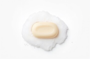 Wall Mural - Top-down view of a soap bar with lather on a white surface, design mockup