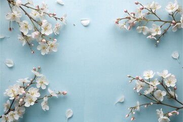 Wall Mural - Delicate white blossoms and buds on cherry branches against a soft blue backdrop, symbolizing the arrival of spring. Flat lay composition.