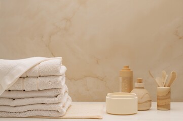 Wall Mural - Bathroom setting with spa elements. Neatly folded towels piled up. Interior decor and wellness theme with ample copy space. Soft beige tones.