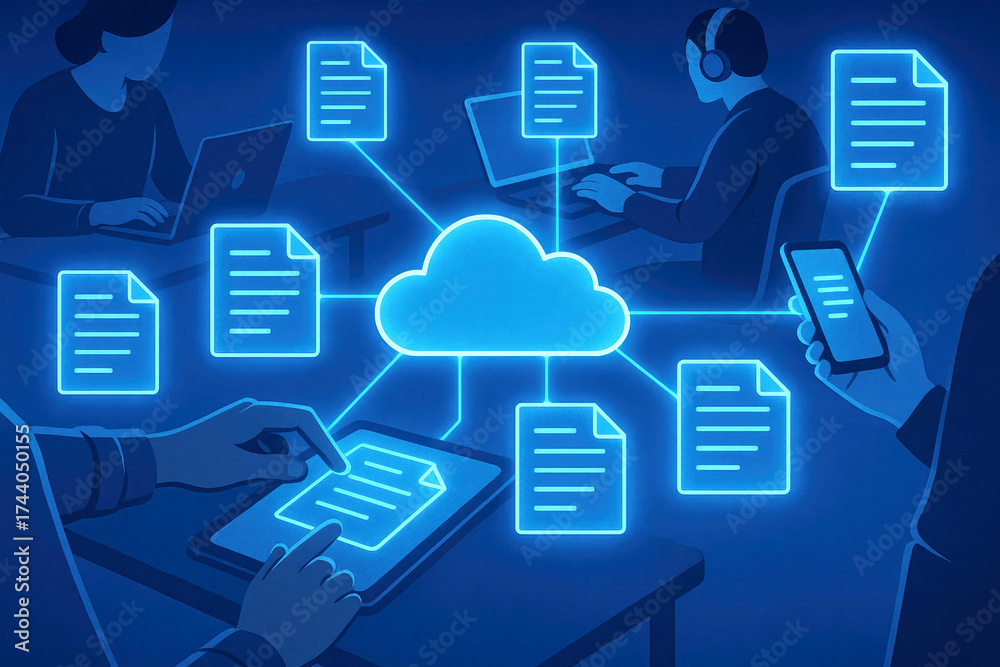People Collaborating on Cloud Documents via Digital Devices and Network ...
