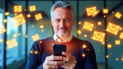 A smiling man with a smartphone, surrounded by glowing email symbols