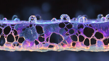 Wall Mural - Holographic display interacting with a sheet of flowing liquid mercury showing dynamic light patterns and texture details, a holographic mercury interaction.