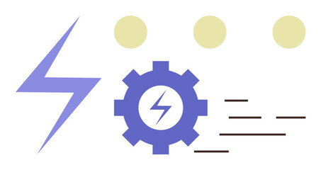 Wall Mural - Lightning bolt with a gear encasing bolt, three yellow circles, dynamic lines suggesting motion. Ideal for energy, technology, automation, innovation, speed, progress efficiency simple flat