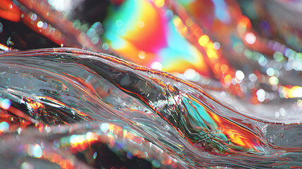 Wall Mural - Holographic display interacting with a sheet of flowing liquid mercury showing dynamic light patterns and texture details, a holographic mercury interaction.
