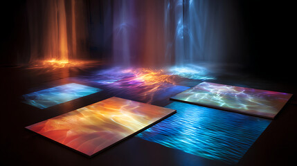Wall Mural - Holographic display interacting with a sheet of flowing liquid mercury showing dynamic light patterns and texture details, a holographic mercury interaction.