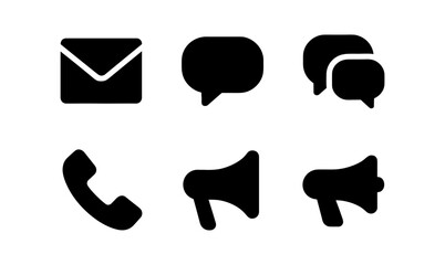 Silhouette communication icons: email, chat, call, megaphone symbols for digital media