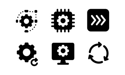 Black gear icon set featuring technology and process concepts
