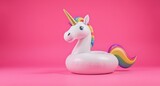 Illustration of a colorful inflatable unicorn pool float on pink background