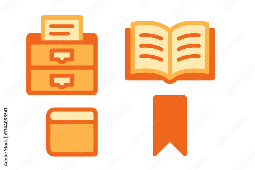 Orange icons set depicting library, archive, filing cabinet, and open ...