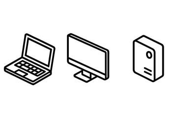 Isometric outline icons of laptop monitor and computer tower set