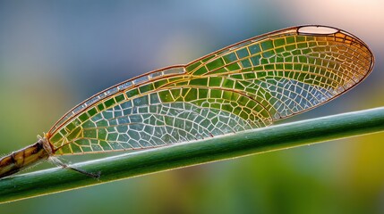 Detailed close up of dragonfly wing structure on a green stem
