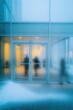 © misunderst00d - Blurry figures entering corporate building through glass doors, condensation and frost, muted interior lighting, snow falling outside