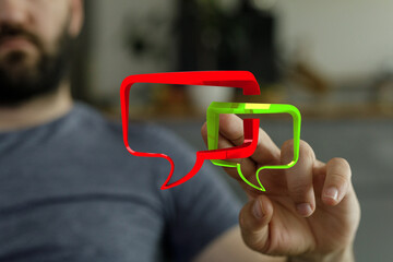 abstract social media interaction, communication concept, man touching transparent speech bubbles, s
