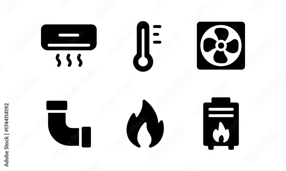 Essential home heating and cooling icons: simplified design for modern ...