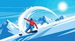 © Running opossum - dynamic snowboarder carving through powder snow under bright blue sky with sun