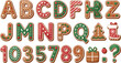 © khalidastockworks - Gingerbread cookie alphabet and numbers with icing decorations, festive symbols, tree, stocking, gift, and holiday style
