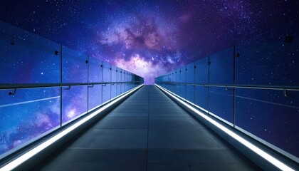 Wall Mural - Illuminated pathway stretches toward a breathtaking cosmic nebula and twinkling stars, enclosed by modern glass railings and a sleek, modern design, showcasing a vibrant celestial display in shades...