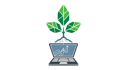 Artificial intelligence growth concept, laptop with plant vector design