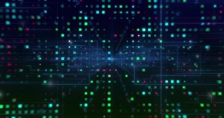Wall Mural - Digital grid receding toward center in dark network with glowing squares, circuit lines and digits