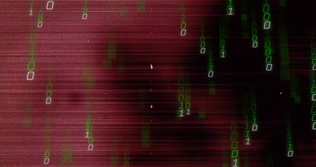 Wall Mural - Streaming digital glitch across cyber interface, with green binary code and red glitch lines