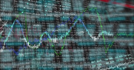 Wall Mural - Displaying fluctuating chart on trading terminal, featuring white candlesticks and trend lines