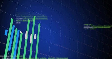 Wall Mural - Finance dashboard showing green or blue bars and white candlesticks on navy grid with code, copy spa
