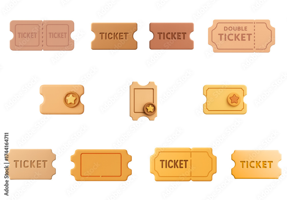 Colorful ticket icons in 3d, ticket shapes with perforated edges and ...