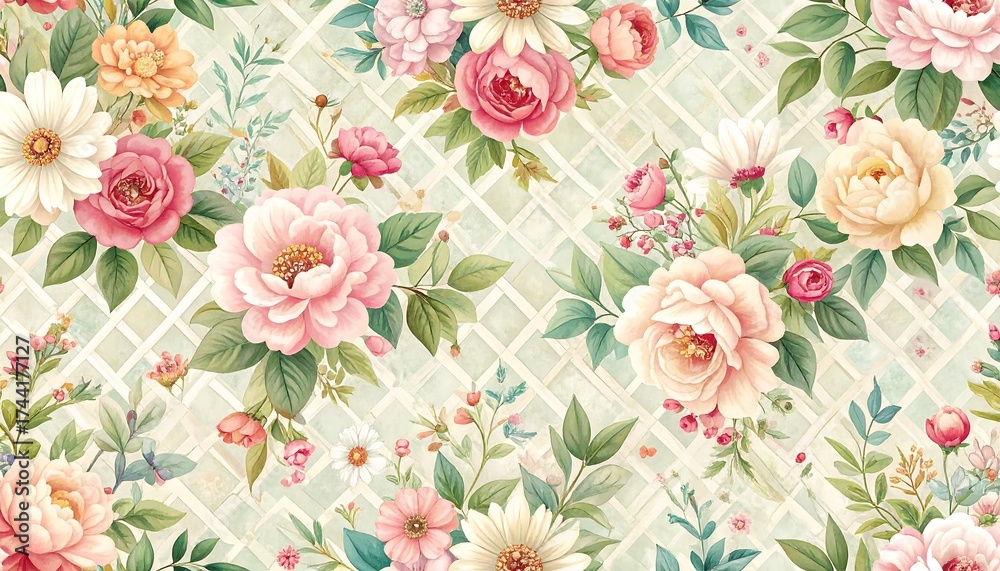 Elegant Floral Pattern with Soft Pink and Cream Roses on a Light Background.