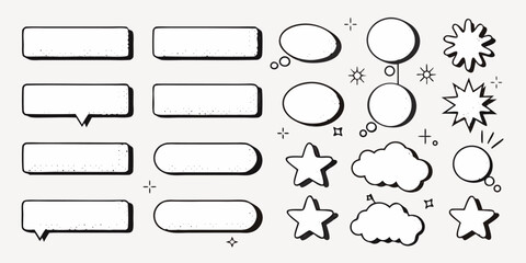 Vector illustration of speech bubbles, rectangular text boxes, stars, clouds, and burst shapes in black and white
